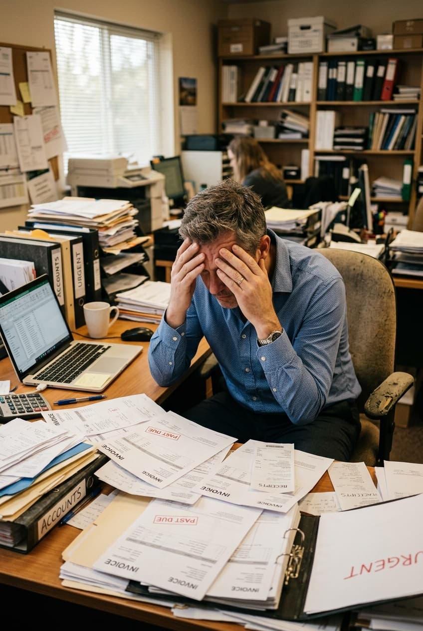 Frustrated business owner overwhelmed by work